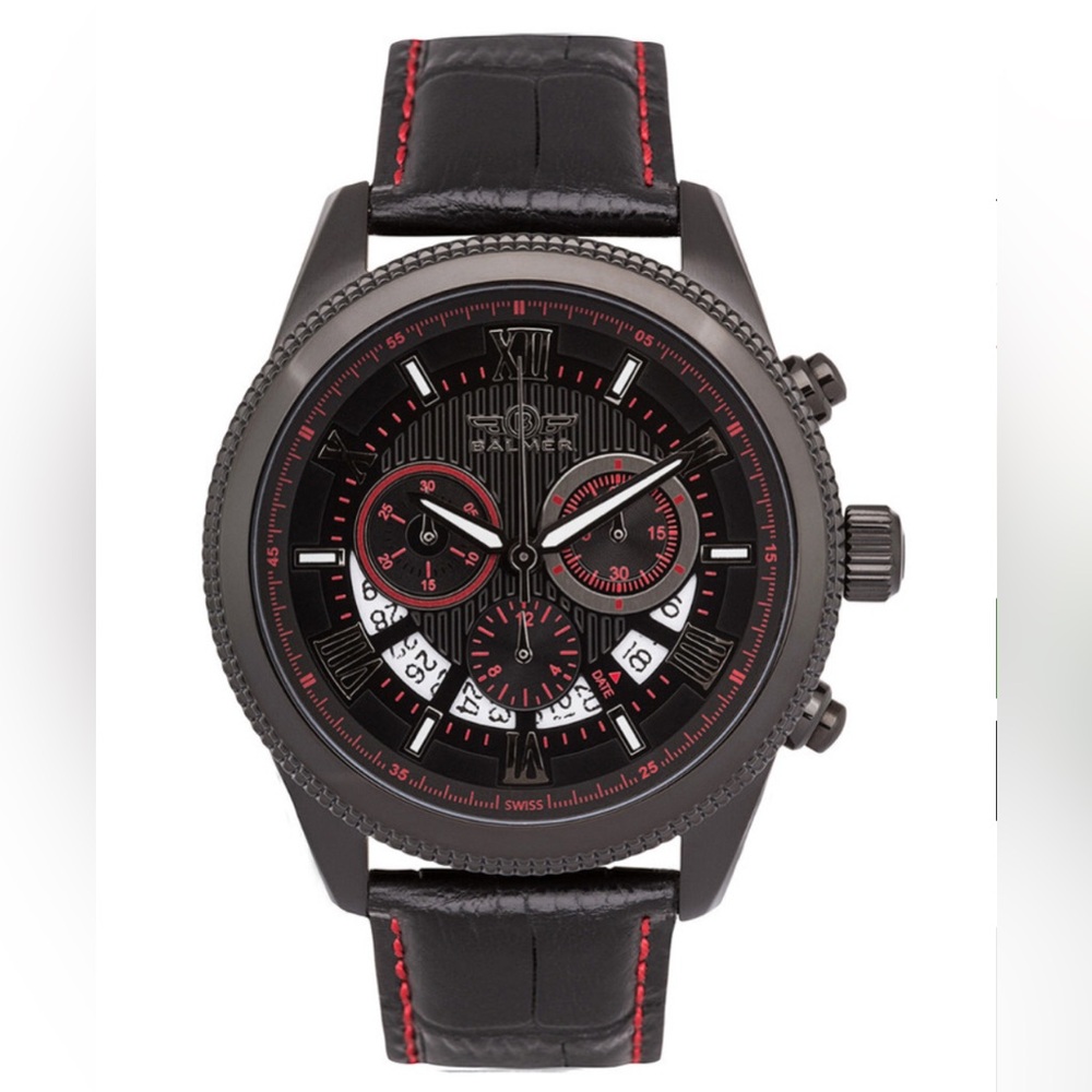 Men’s Balmer Roman Numerals Swiss  Black Leather Band With Red Stitching NEW